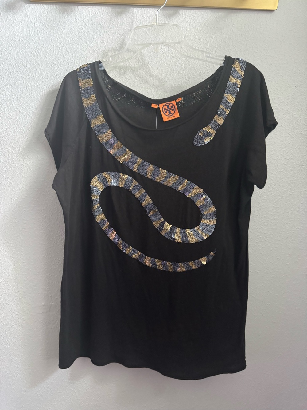 Tory Burch Black Short-Sleeve Top with  Sequin Snake XL